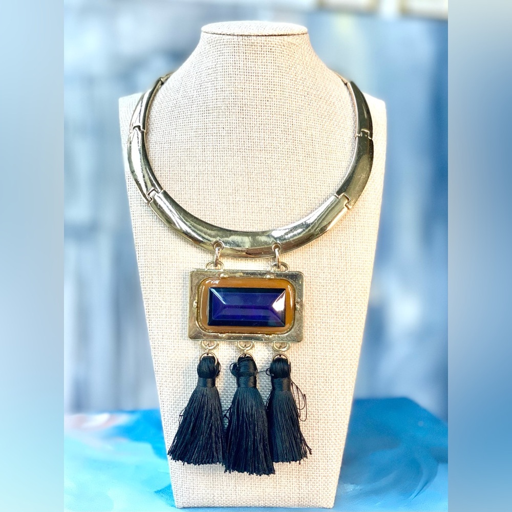 Chico’s Boho Statement Collar Necklace Blue Stone Tassel Pendant - Picture 1 of 6